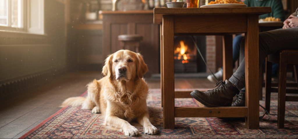 Dog sitting happily in a pub garden