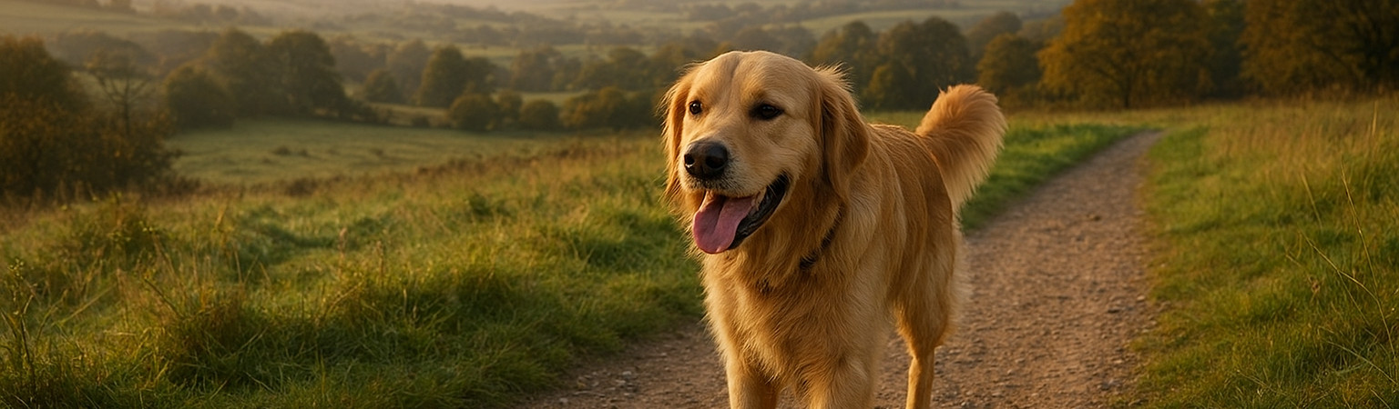 Dog walking in countryside
